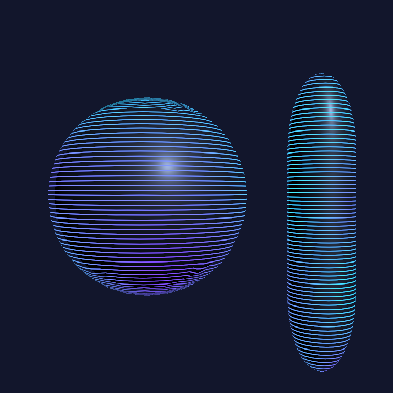 Violet and cyan hologram material rendered on a sphere and capsule