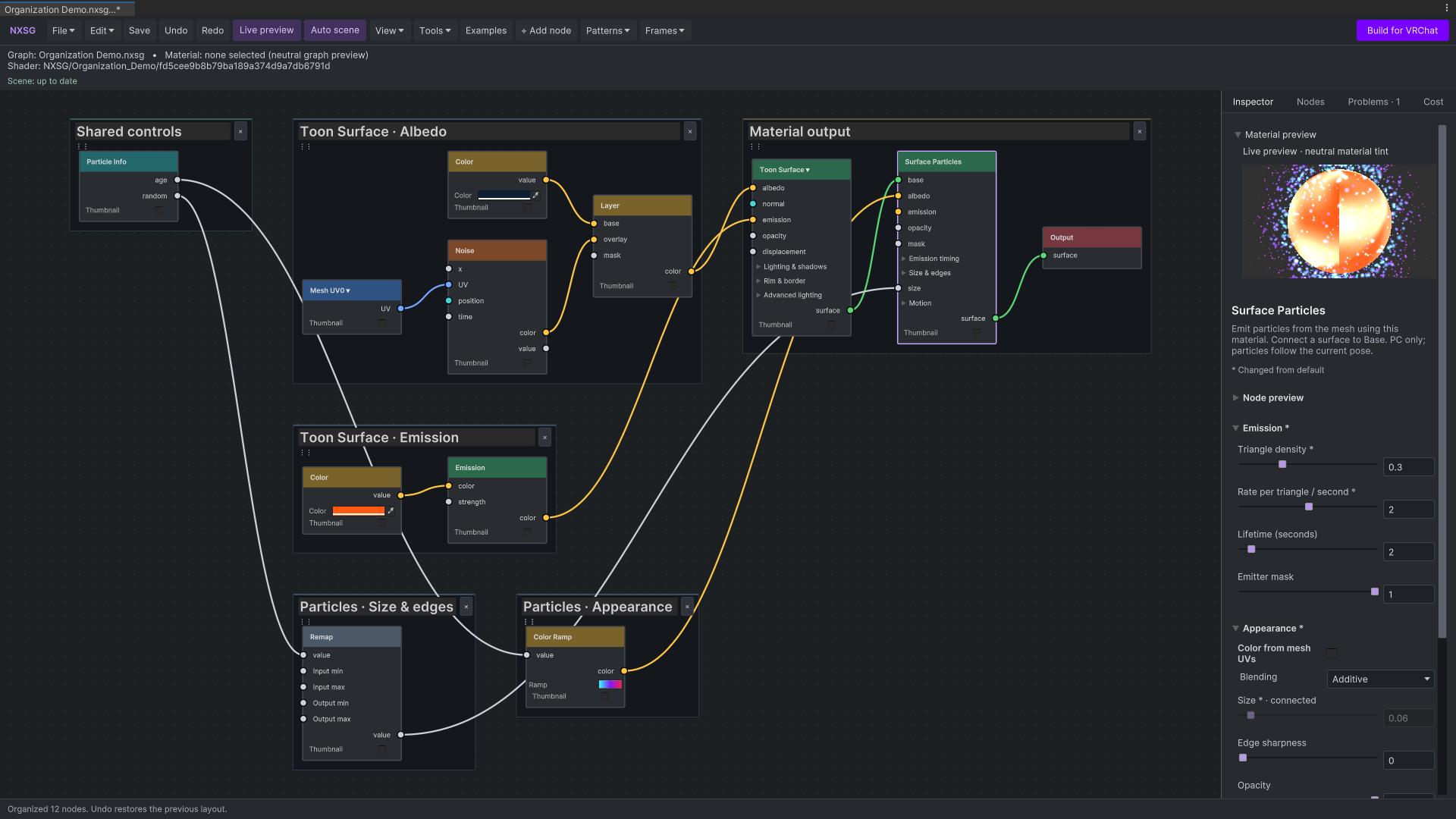 NXSG node editor in Unity, with grouped material branches and a live particle preview