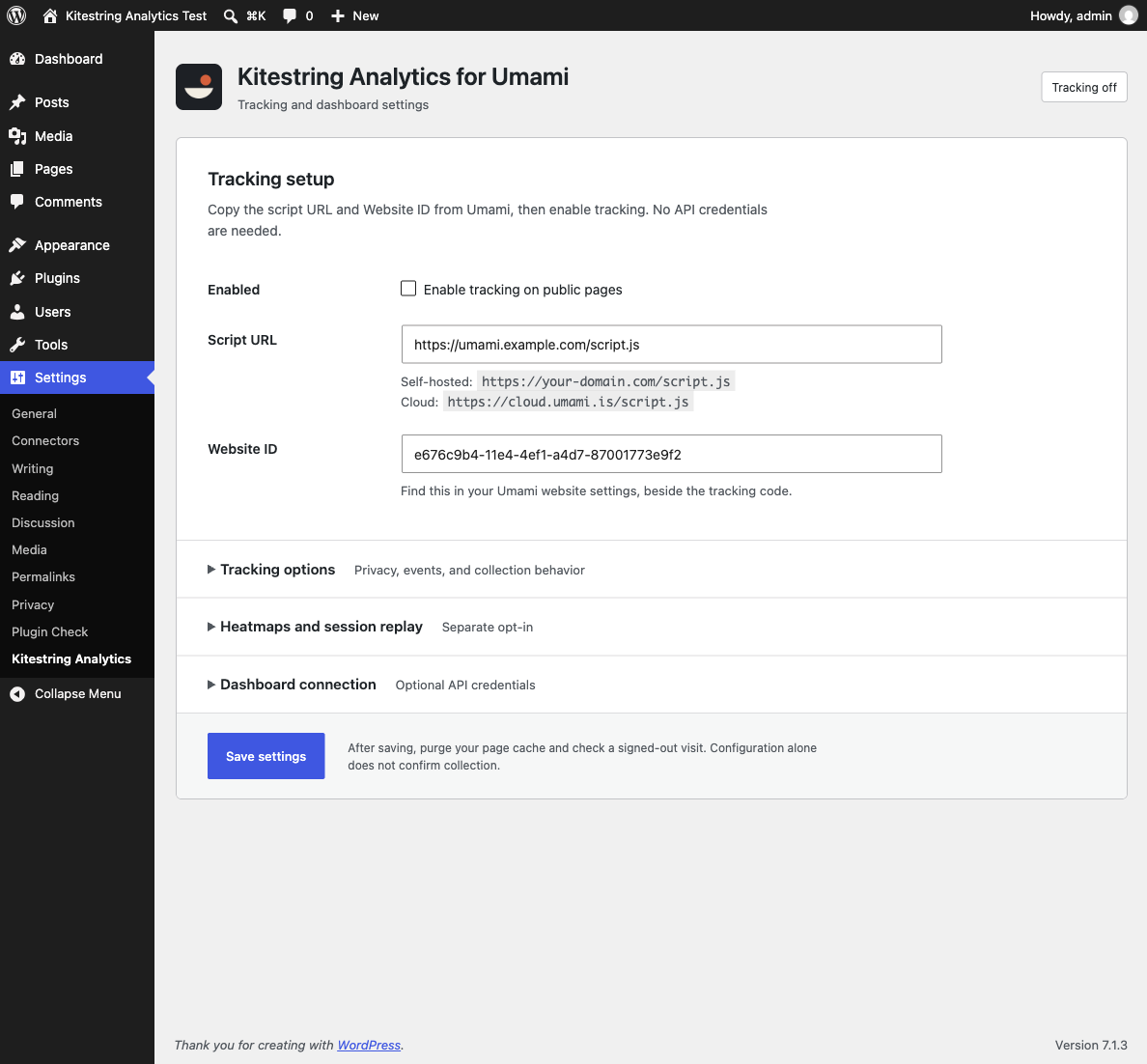 Tracking setup and optional settings.