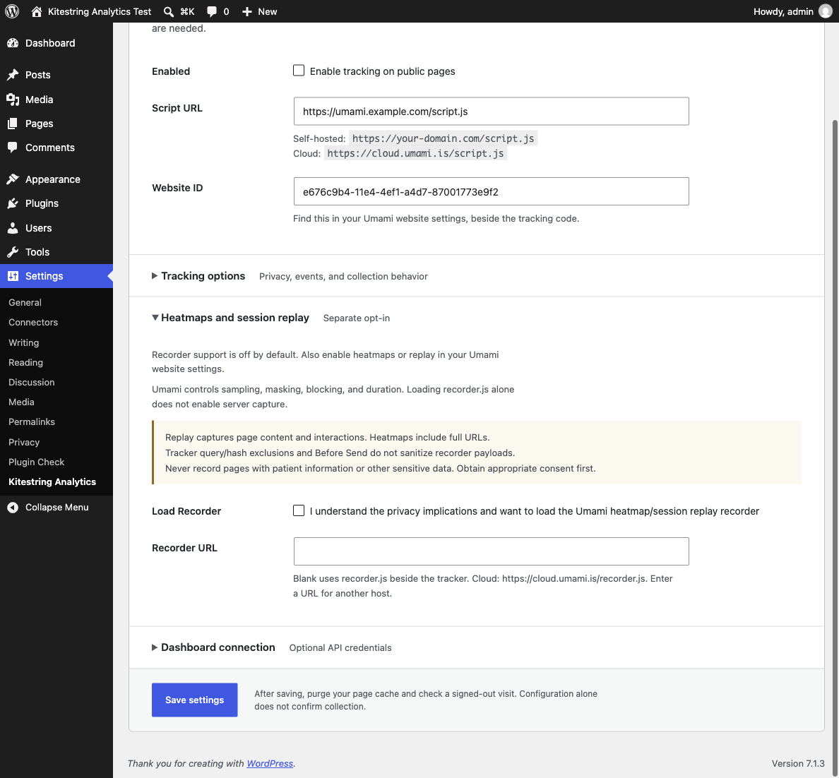 Recorder settings and privacy warning.