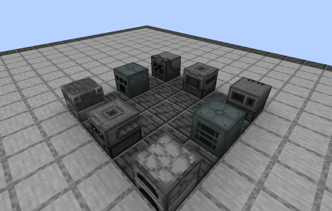 Eight machines spread across a stone floor