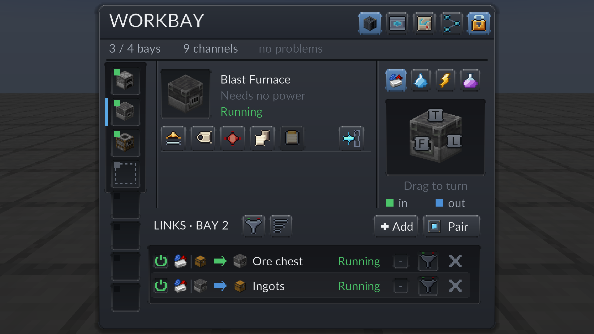The WORKBAY screen: a blast furnace racked in bay 2, one link in from a chest and one out, both running