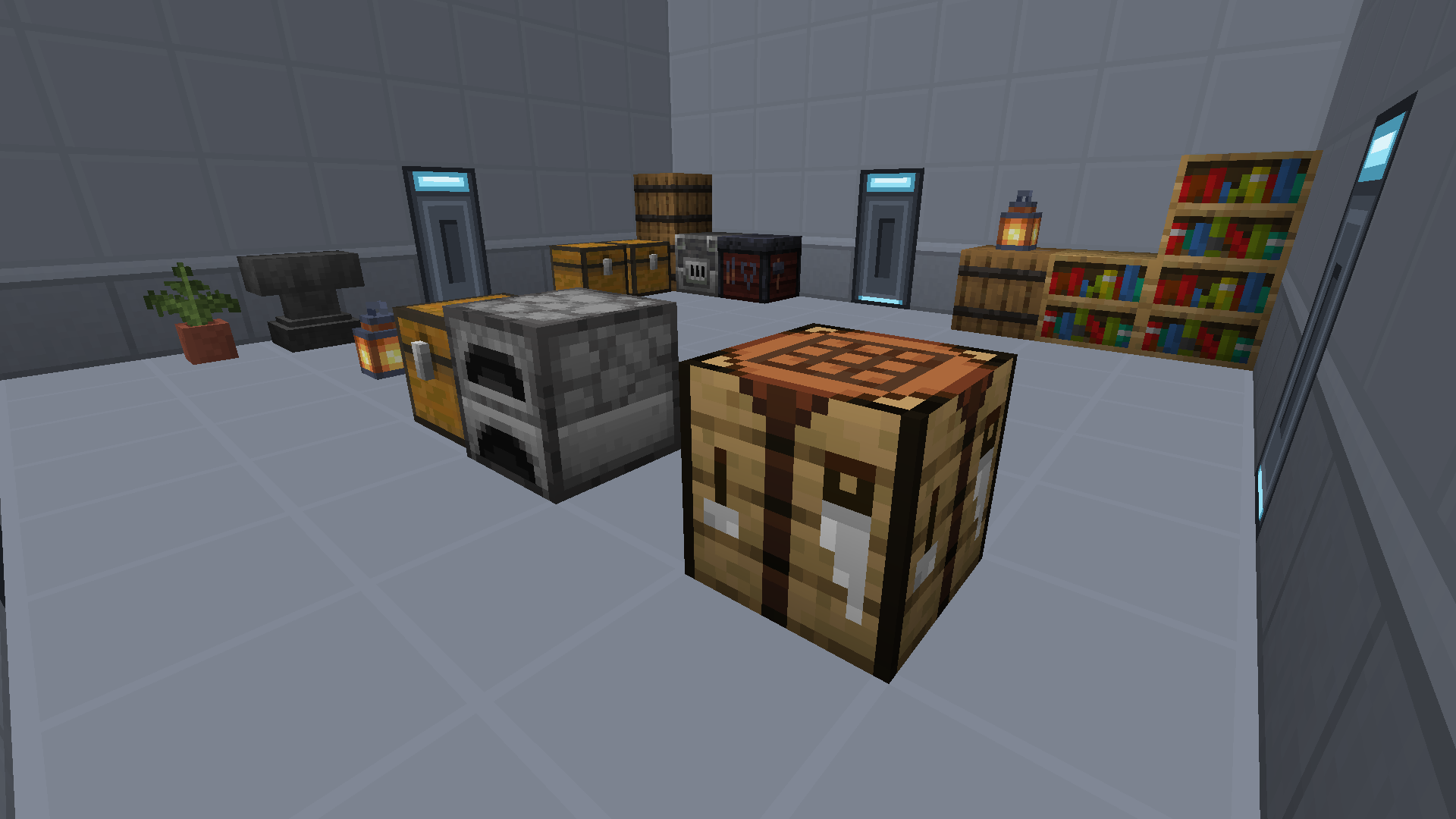 Inside a room: tiled walls, lit doors centred in each wall, and a build in progress