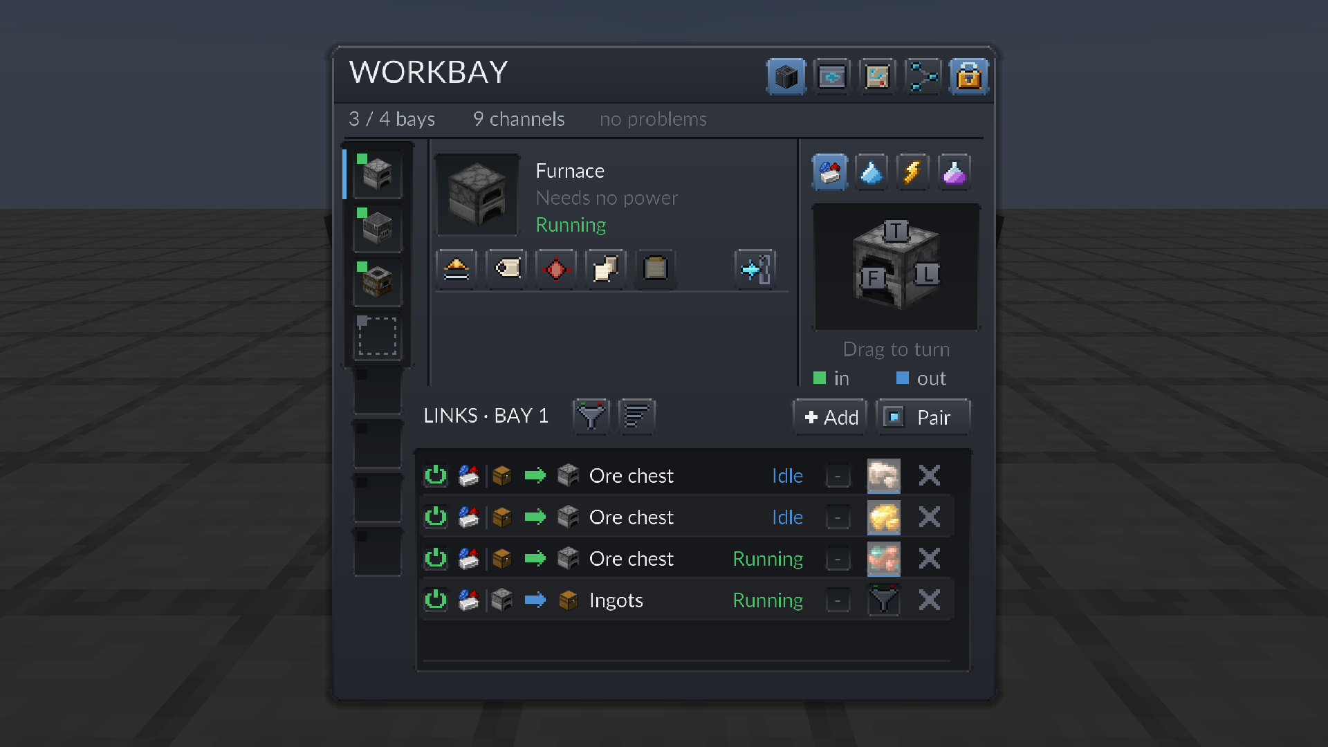 The WORKBAY screen: the bay list, the racked machine, the face cube and the links