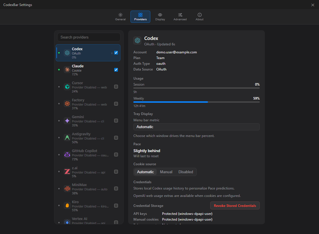 Win-CodexBar Providers settings page