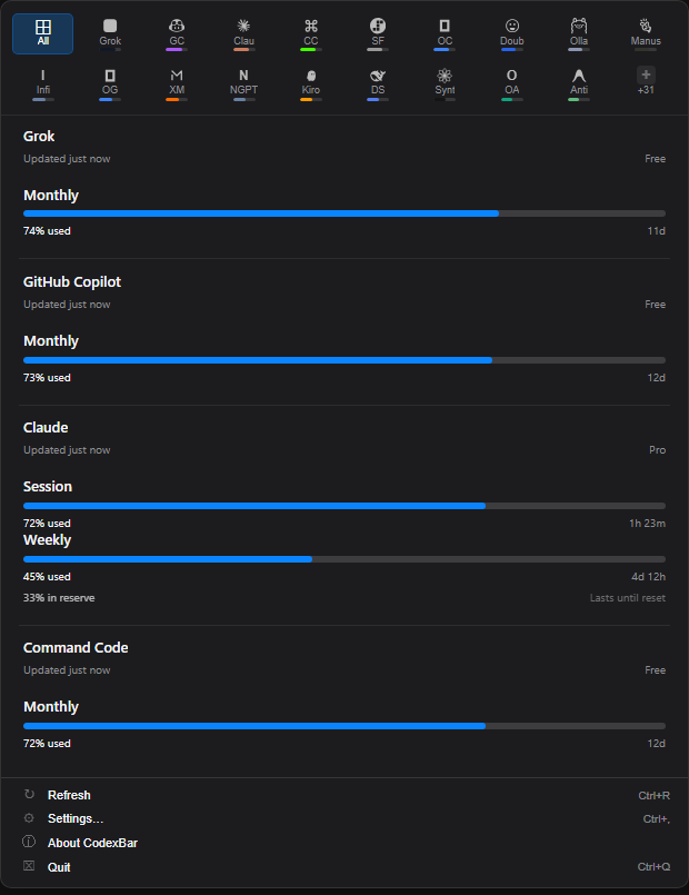Win-CodexBar tray panel showing provider usage cards