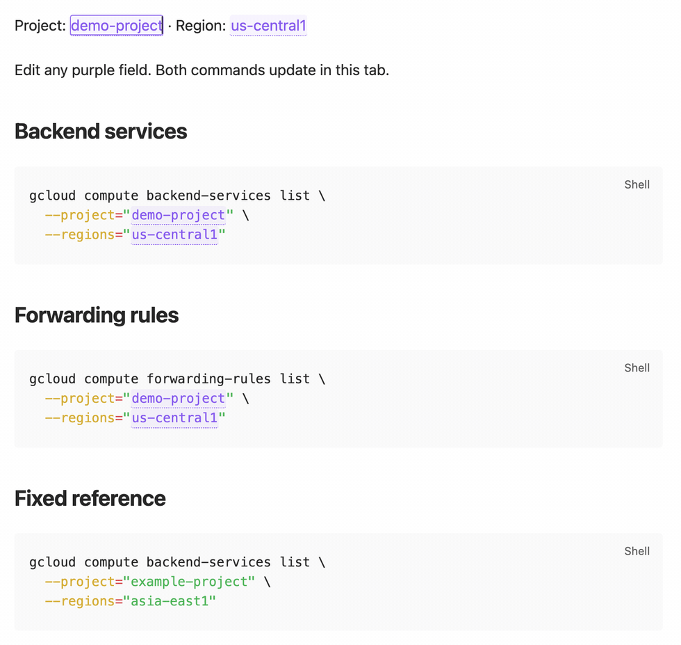 Live Preview: editing project and region updates prose and two commands while the fixed example stays unchanged