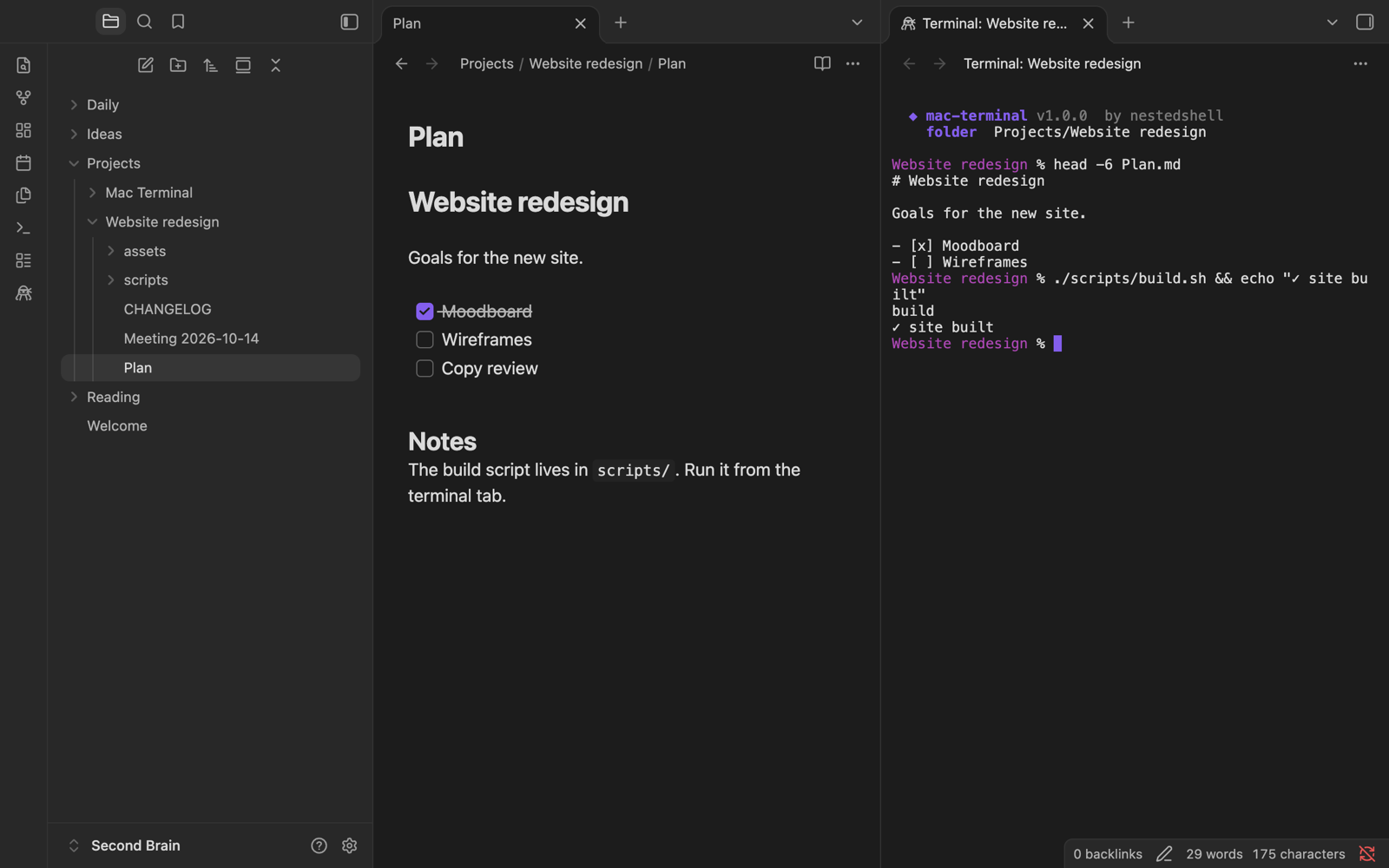 A note with a terminal next to it, opened in the note's folder