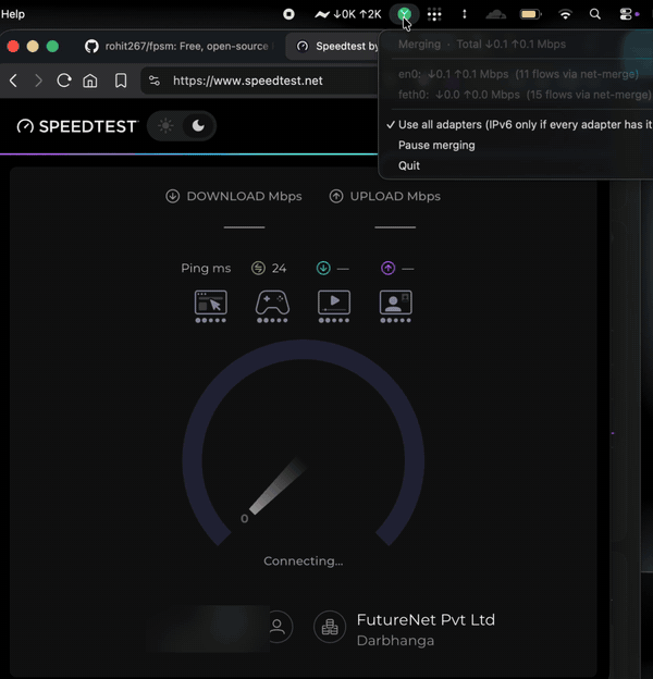 Speed test on a Mac with Wi-Fi and an Android phone: both connections carry traffic and the download reaches about 326 Mbit/s