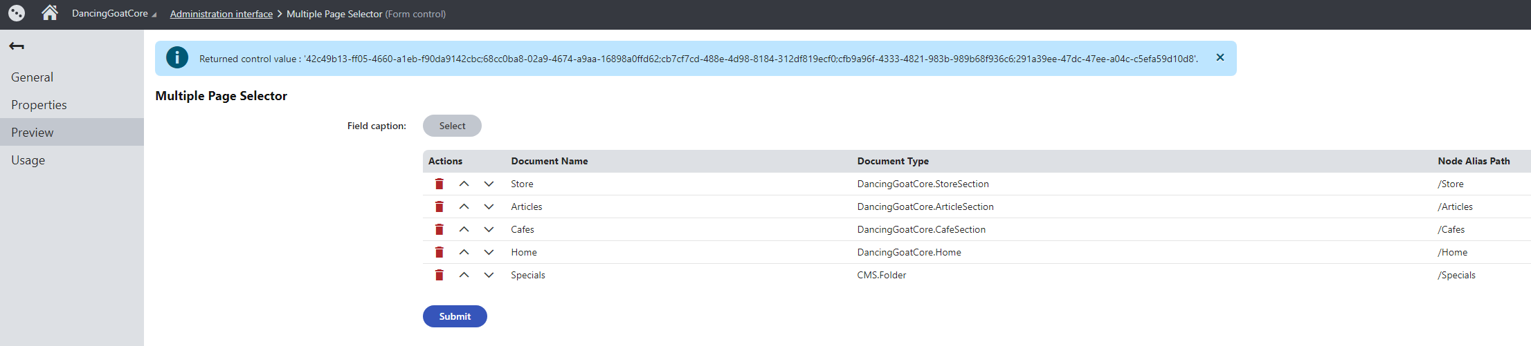 Example of form control with selected pages.