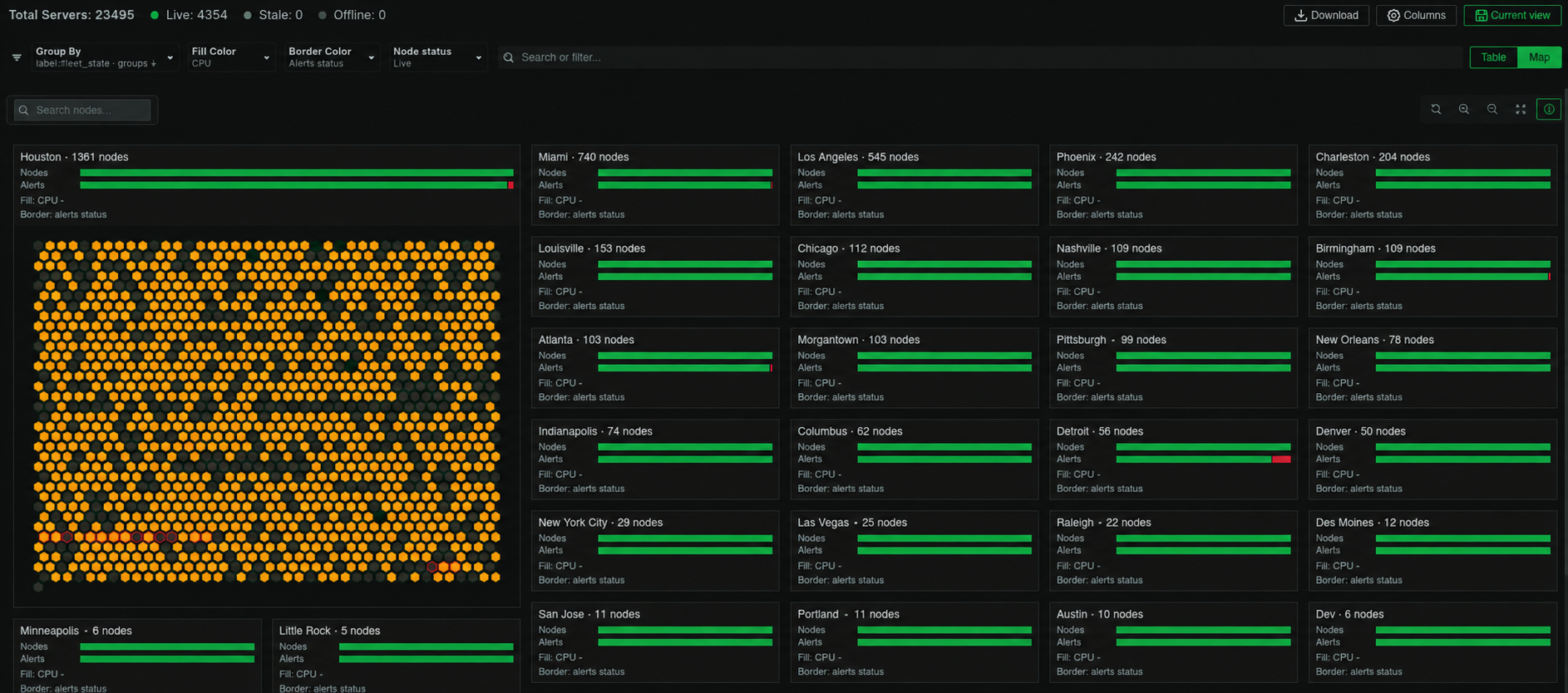 Fleet Management view showing 23,495 servers as status hexagons, grouped by fleet state with per-location cards