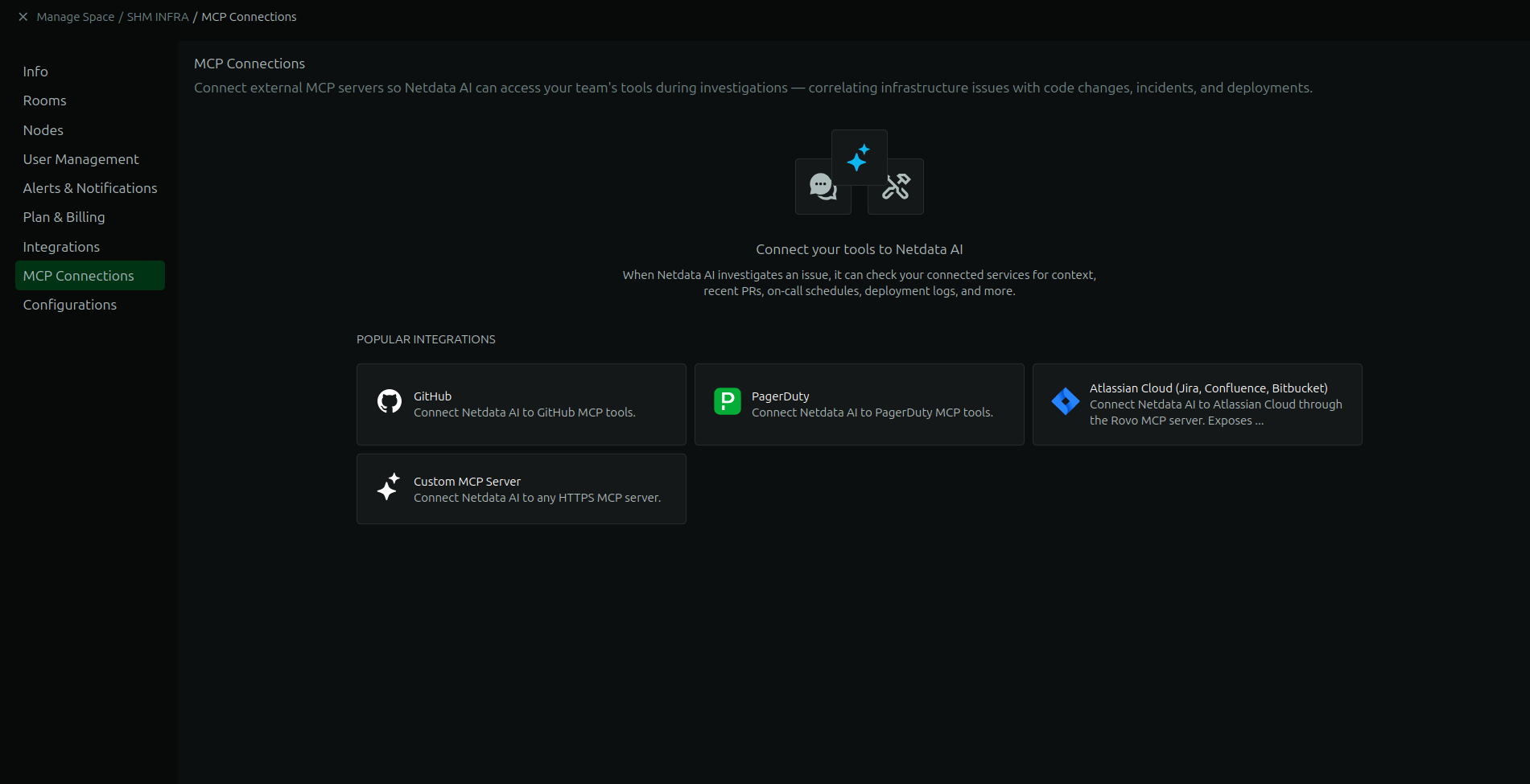MCP Connections settings, offering GitHub, PagerDuty, Atlassian Cloud and custom MCP server integrations