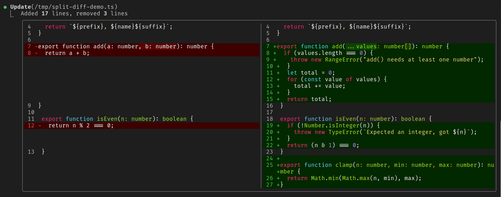 Split diff of an Edit: removed lines on the left, added lines on the right, each with its own line numbers