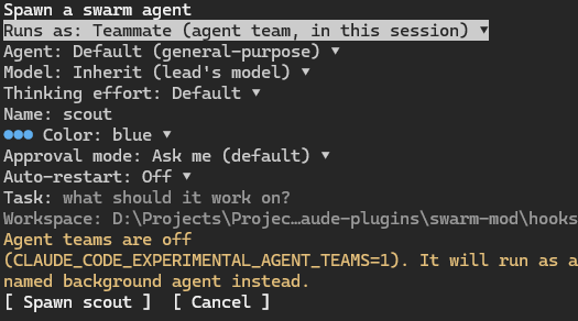 The spawn form: transport, agent type, model, thinking effort, name, color, approval mode, auto-restart, task and workspace