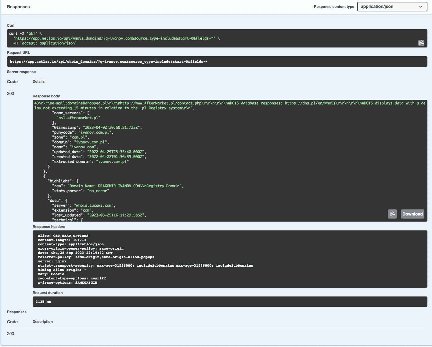 JSON API response