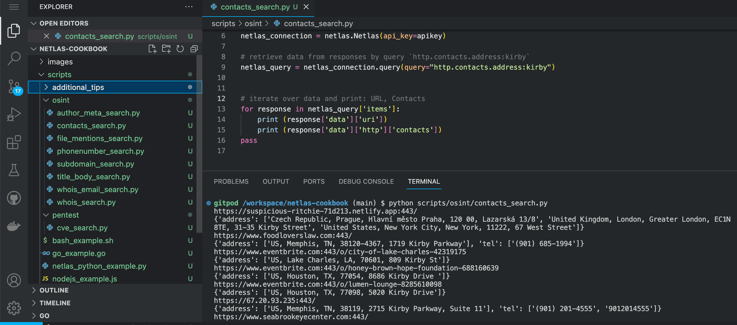 Contacts address search Python