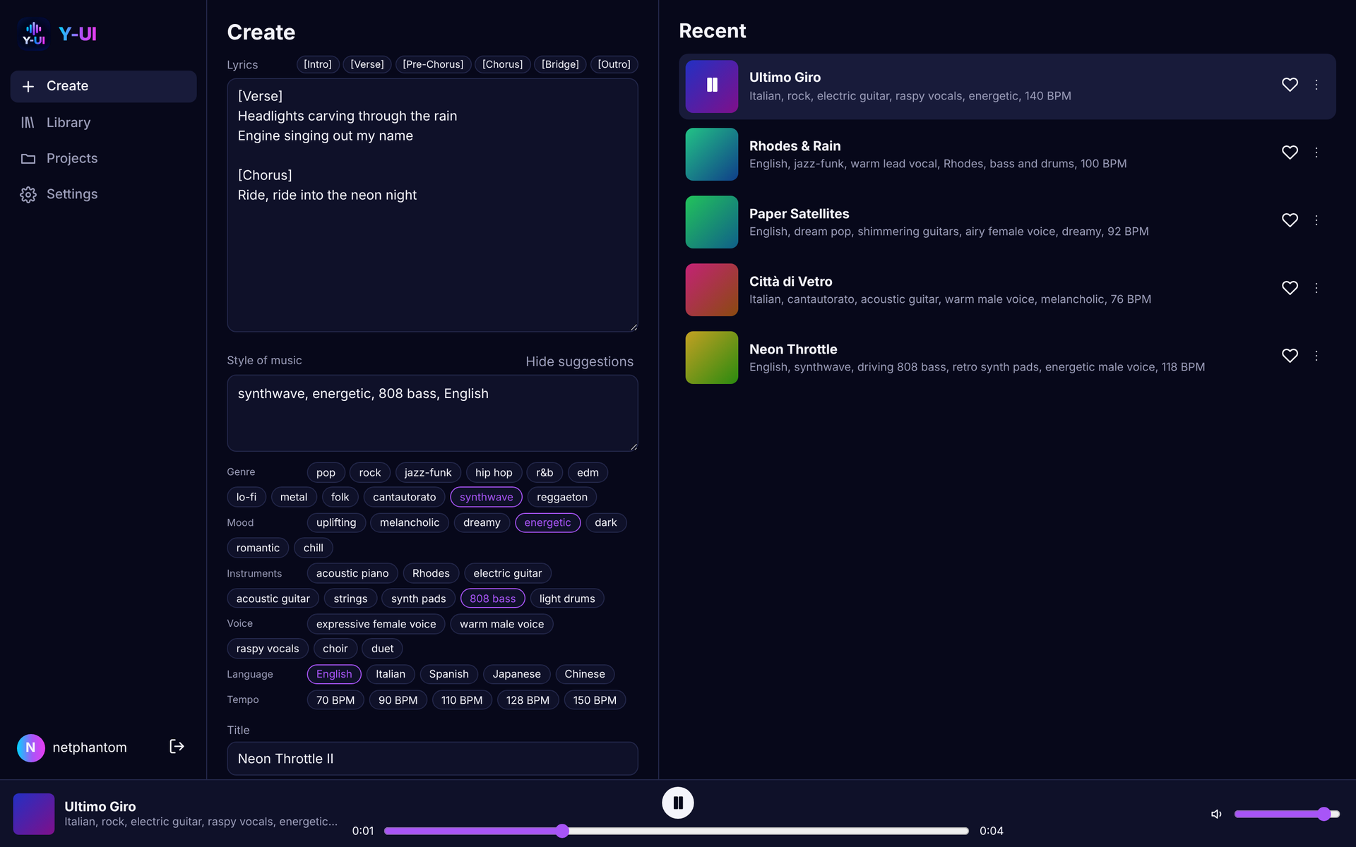 Y-UI create page with the song list and the player