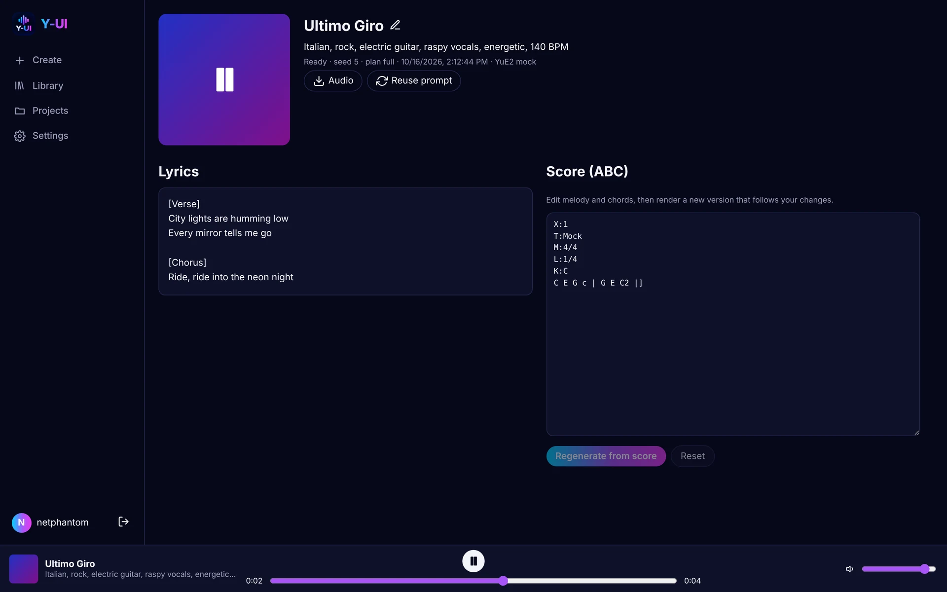 Song page with lyrics and editable ABC score