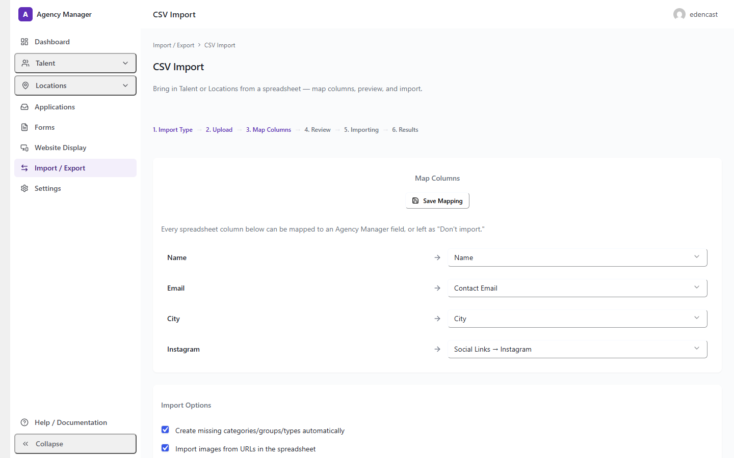 CSV Import — column mapping