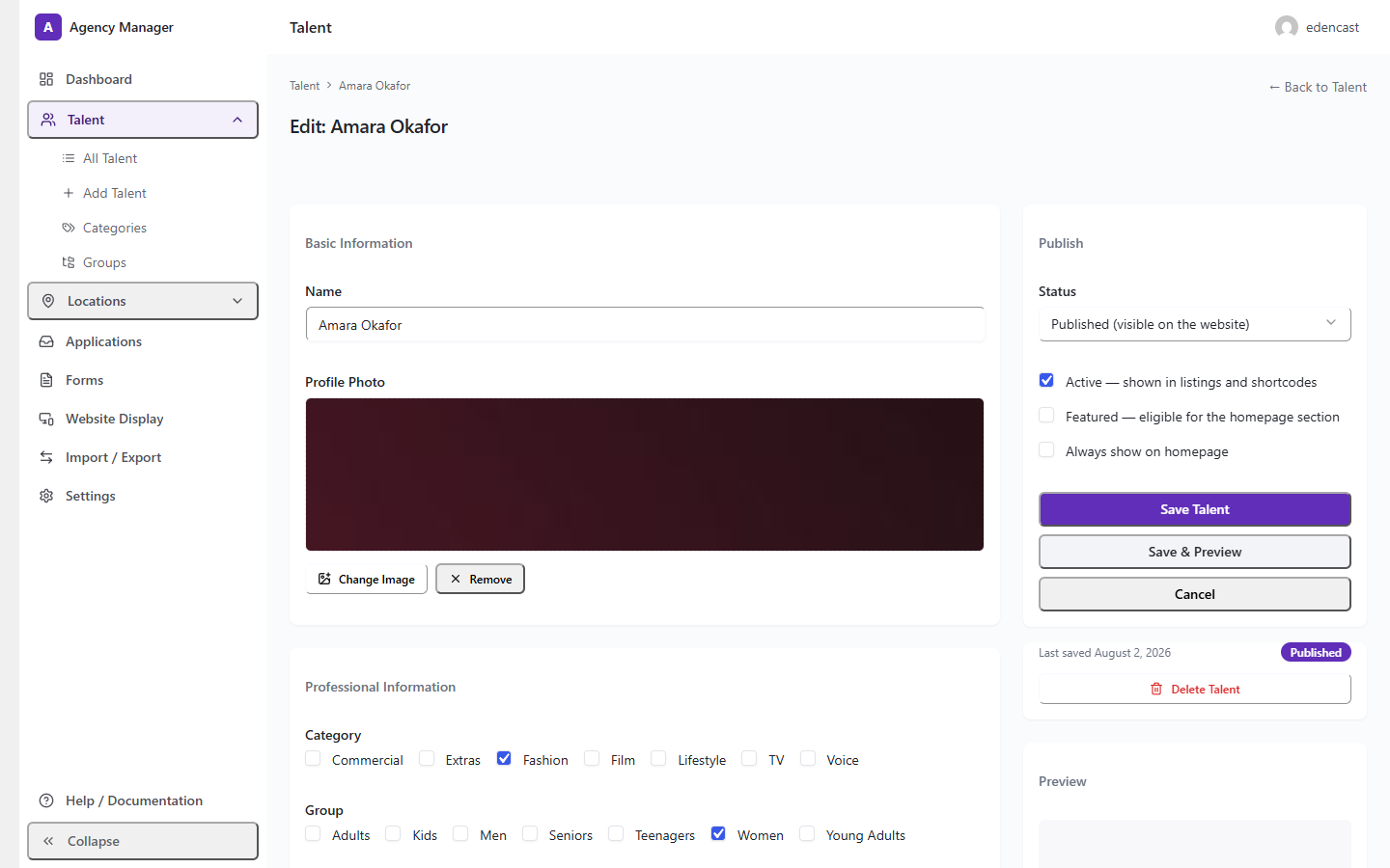 Talent editor