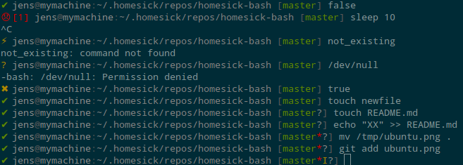 Linux My bashprompt in xubuntu. Showing exit codes for ok, abort, command not found, and permisison denied. Also shows changes in git repositories. 