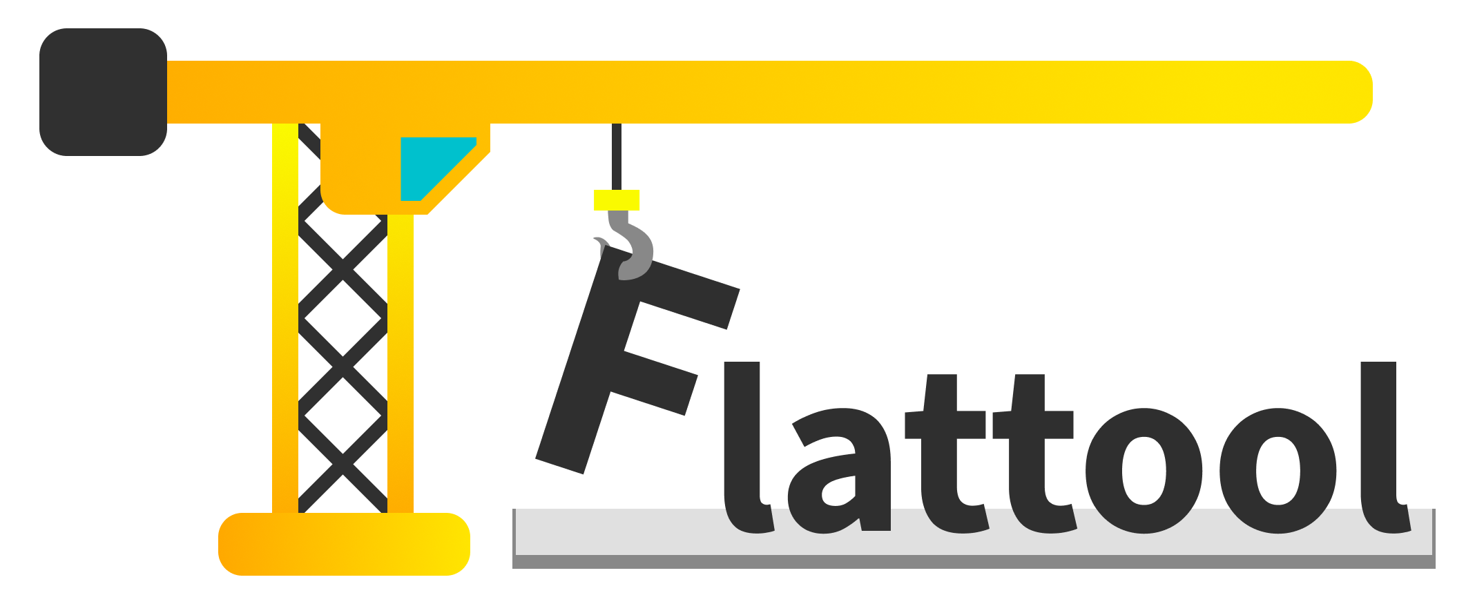 Flattool Logo a simple icon of a tower crane holding a dangling letter F in front of "lattool"
