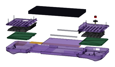 Exploded CAD assembly of a two-grip phone keyboard: shells, PCBs, rubber key pads, springs and lids stacked above the base