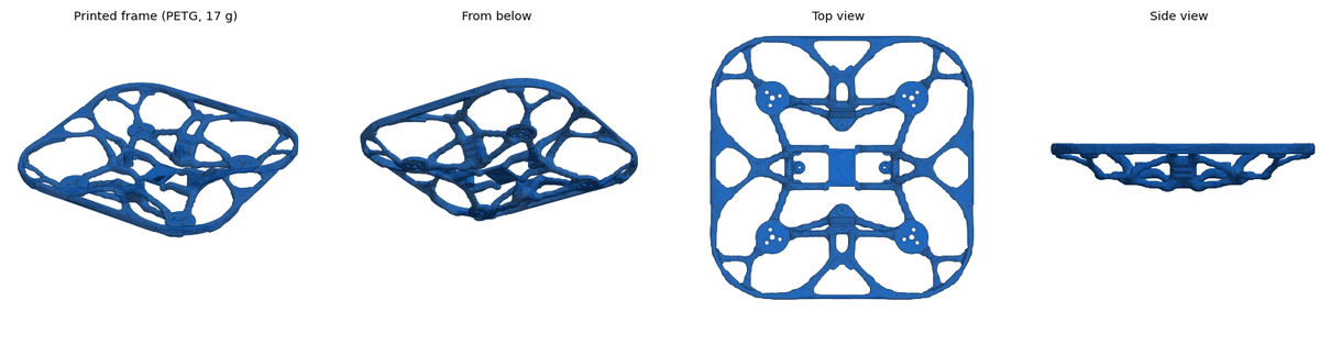 A 3D-printed PETG drone frame, 17 g, shown from above, below, the top and the side