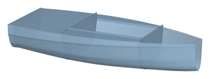 CAD render of a 3D-printed RC boat hull in three segments, each with its own cross-wall