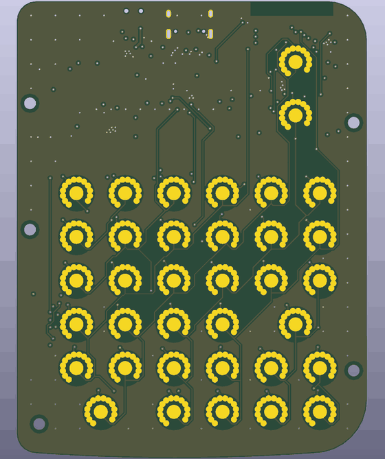 KiCad render of a routed keyboard PCB: dome-switch contact pads and their copper traces
