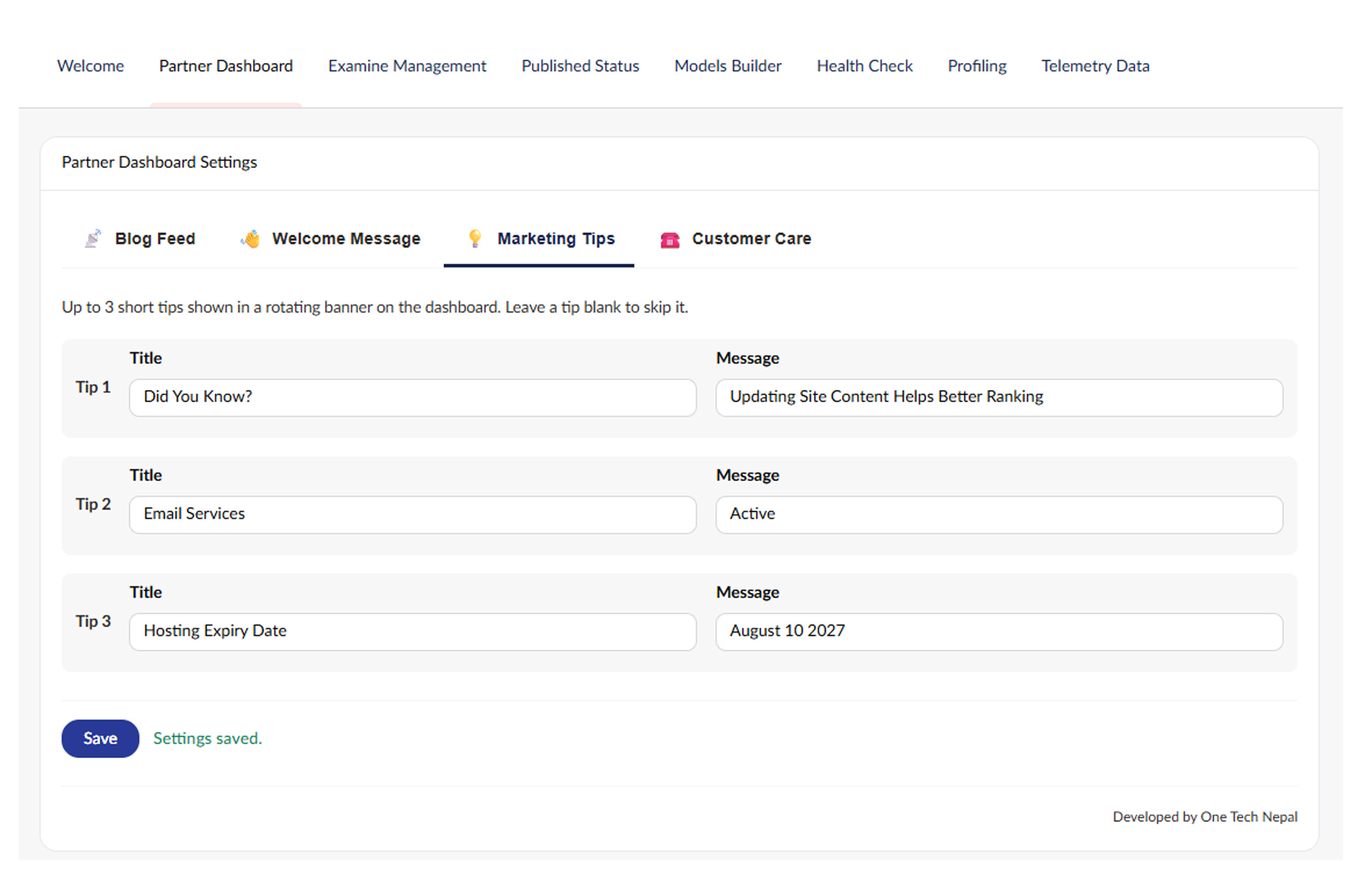 Marketing Tips settings tab
