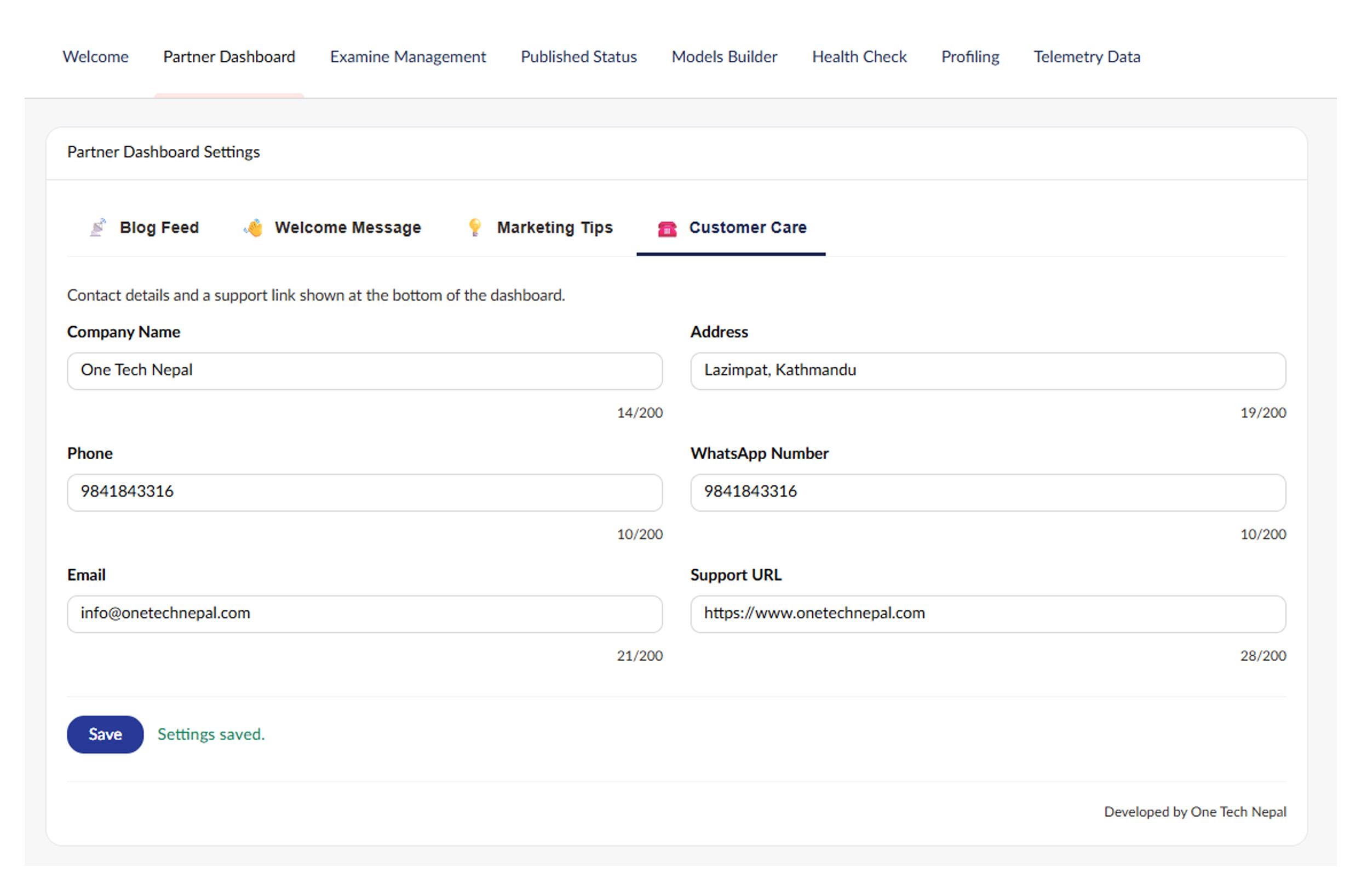 Customer Care settings tab