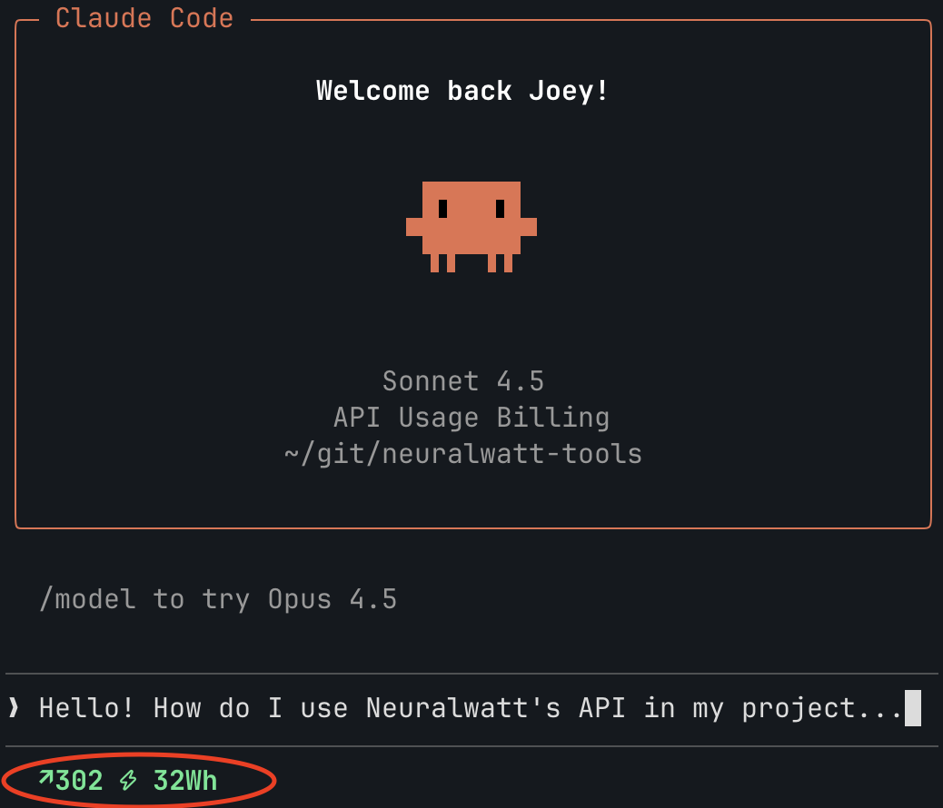 A screenshot of Claude Code with a Extra information showing energy consumption at the bottom. 