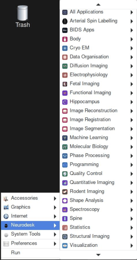 Neurodesktop application menu with tool categories
