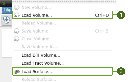 Freeview File menu: Load Volume is 1 and Load Surface is 2