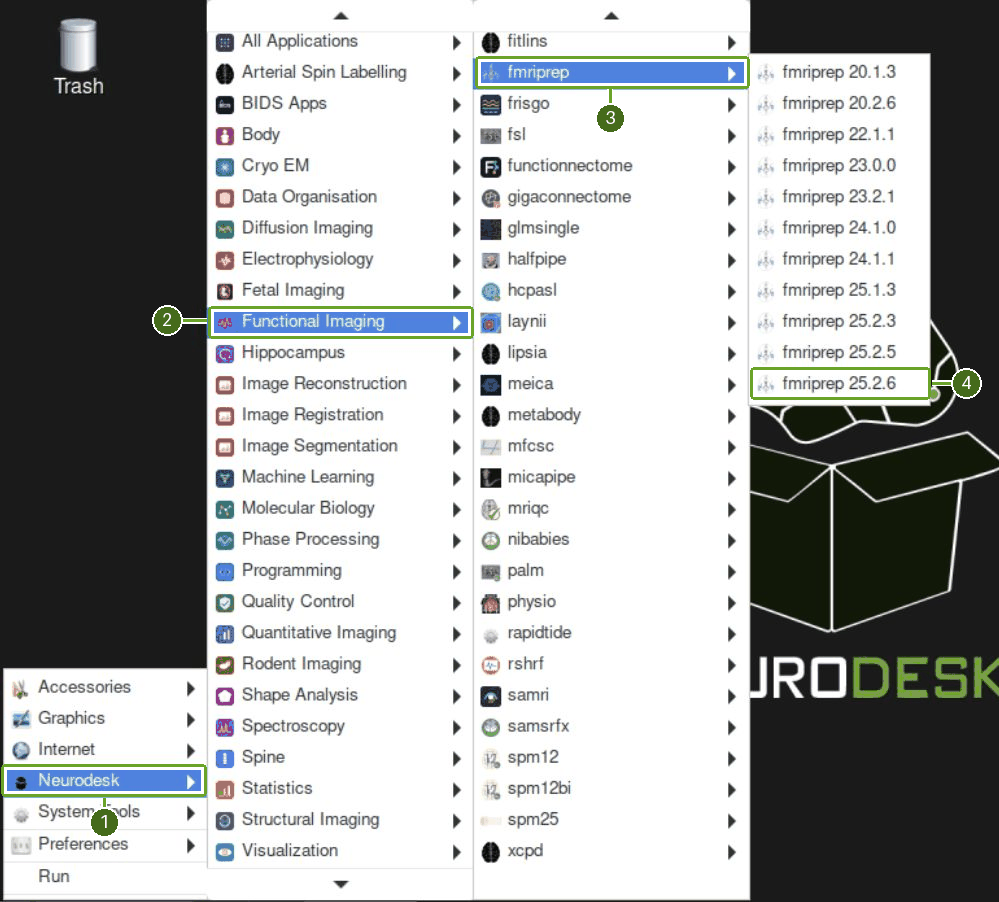 Neurodesk application categories on the current desktop