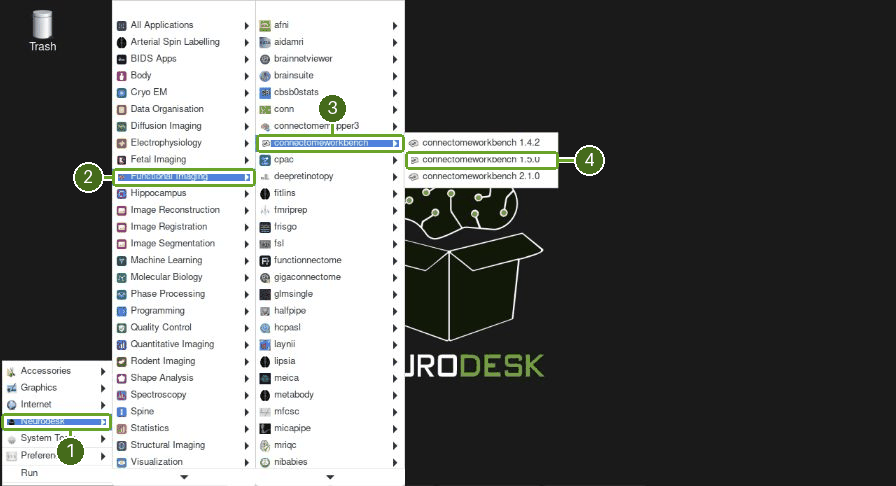 Follow the four numbered menu targets to launch Workbench 1.5.0