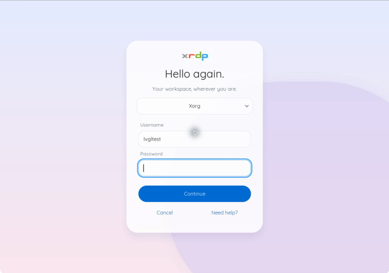 Modern xrdp login followed by a successful connection to an Xfce desktop