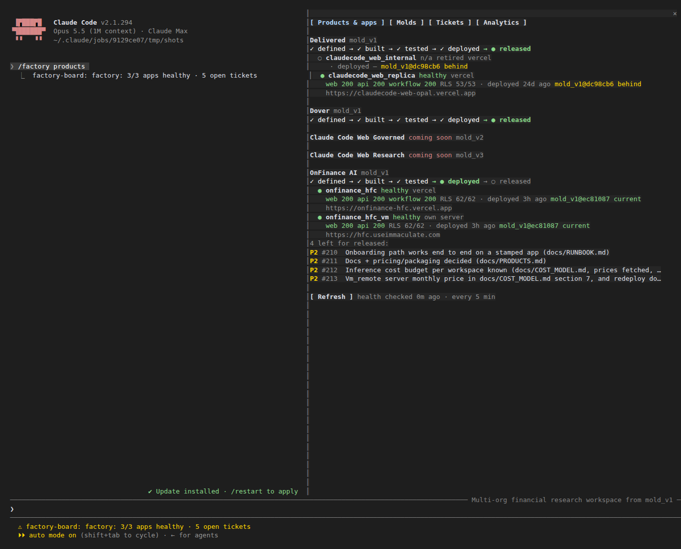 The factory board open beside a Claude Code session