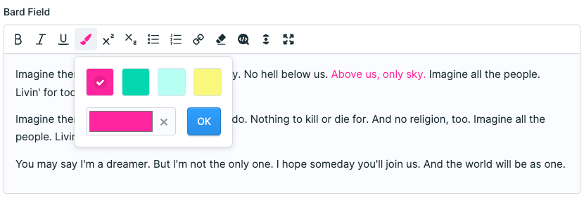 Preview of open text color panel