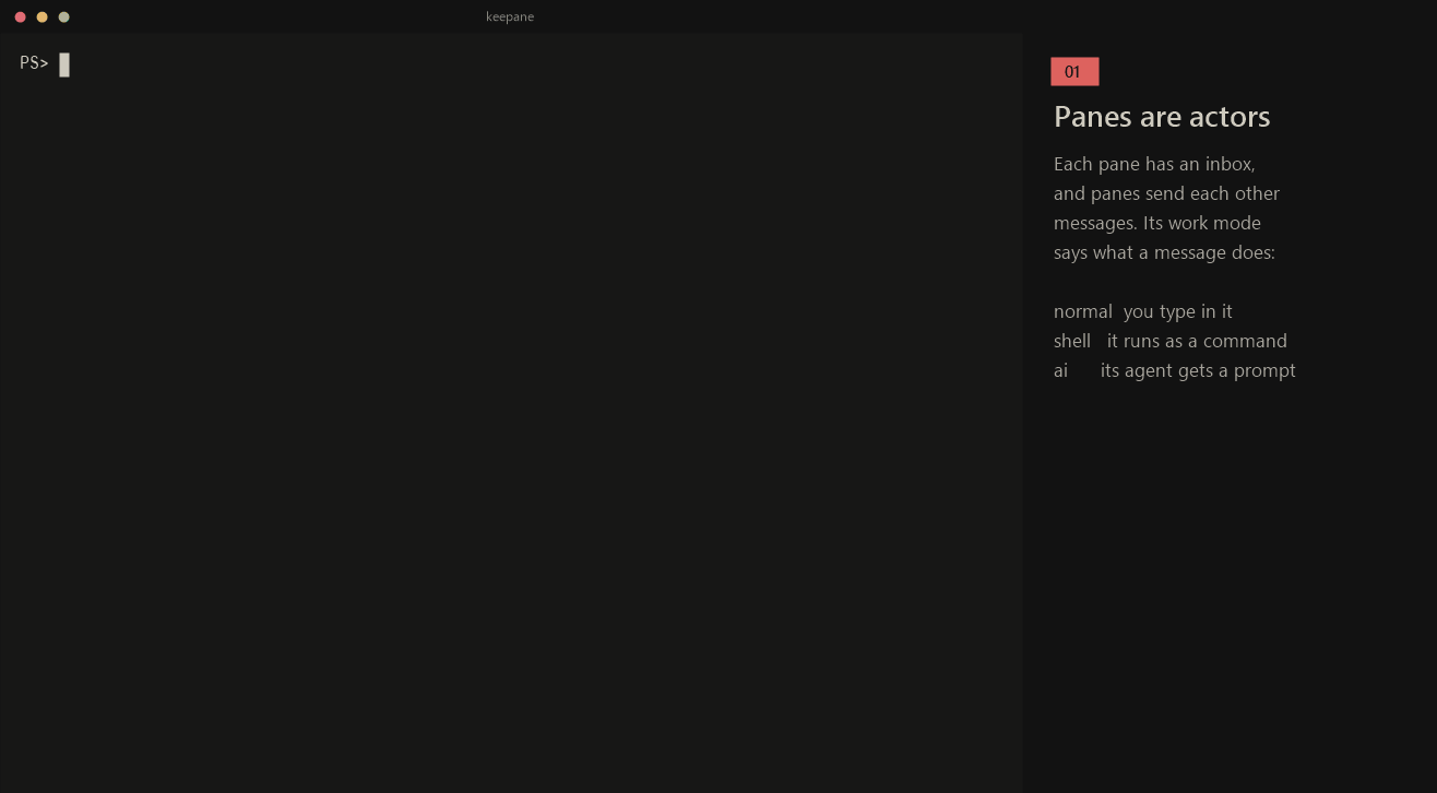 A tour in four parts. Panes named lead, build and agent, each with its work mode and inbox on its border: a message sent to build runs there as a command, one sent to the agent waits in its inbox. A small MCP client makes a pane named tests and sends it a command. The dashboard shows every pane, a pane's events and the agent's inbox. keepane web prints a QR code; on a phone the list shows every pane, and a command typed there runs in build on the computer.