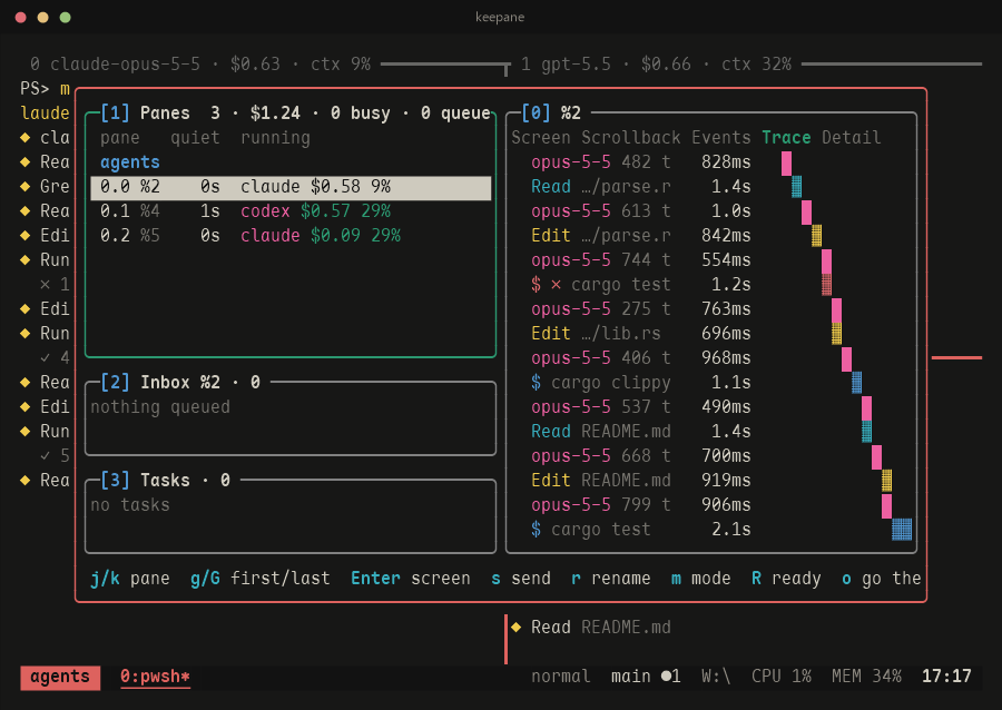 The dashboard's Trace tab: an agent's turn as a waterfall, each model call and tool a bar where it ran, coloured by kind, the failed test run red