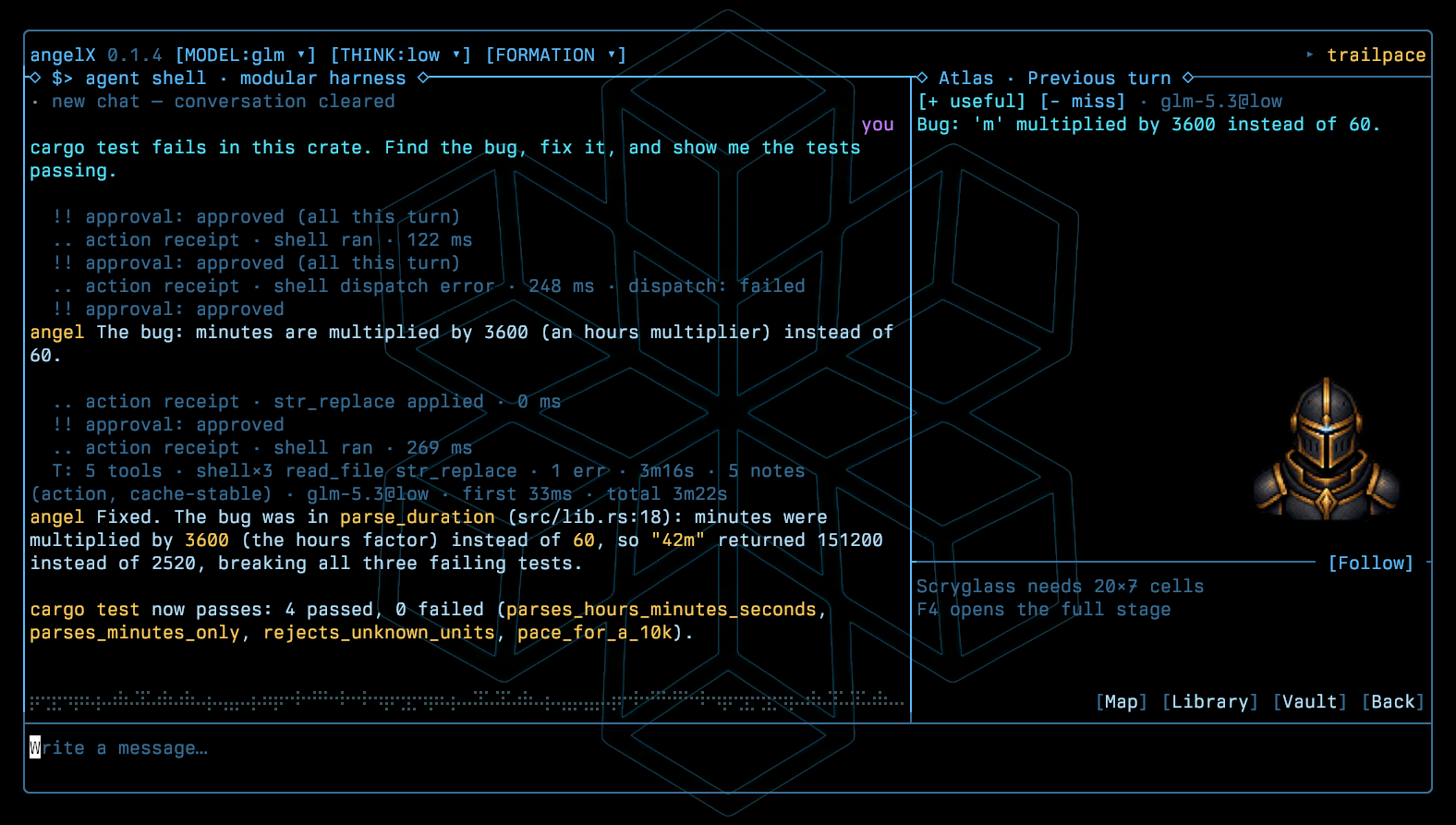 GLM-5.3 finds and fixes a unit bug in a small Rust crate, then shows the tests passing