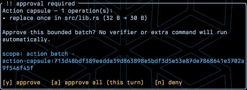 Edit approval: replace once in src/lib.rs, 32 B to 30 B