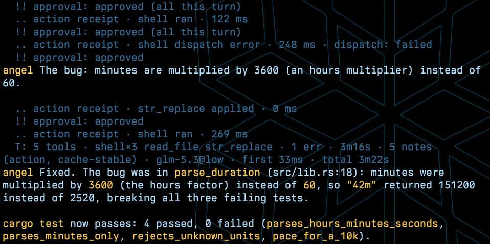 Action receipts and the final answer with the tests passing