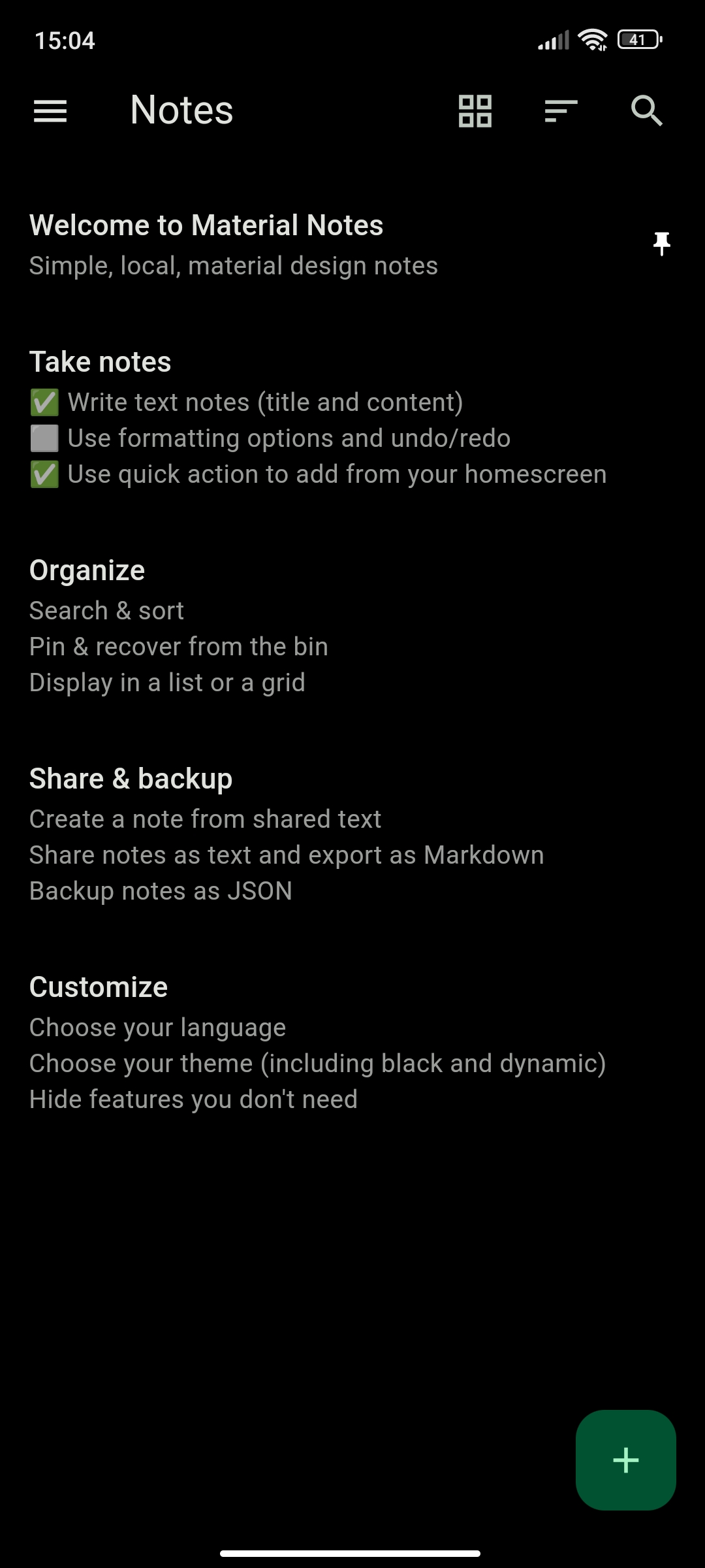 Screenshot of the notes list in the dark mode with dynamic theming