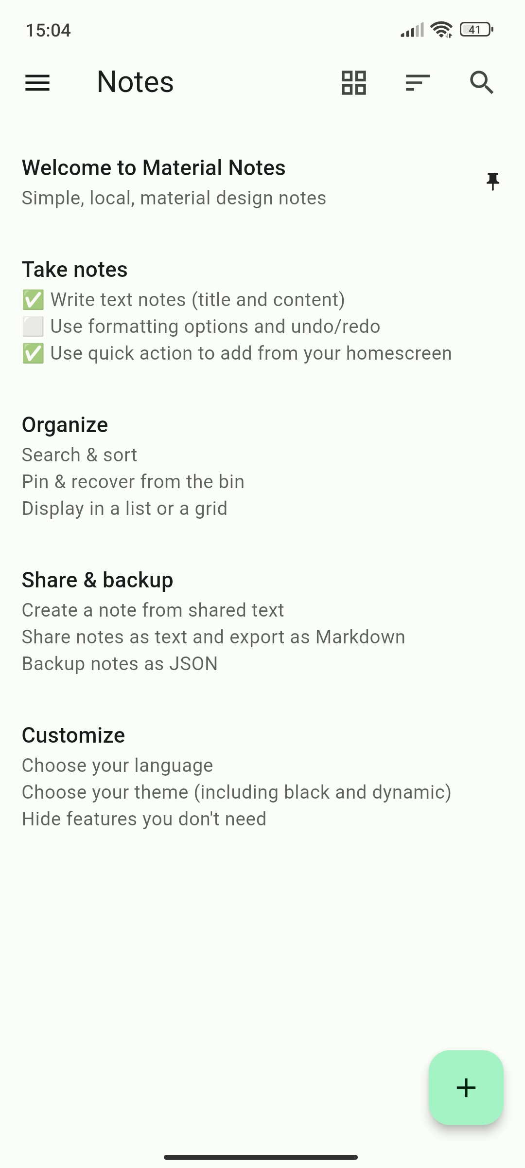 Screenshot of the notes list in the light mode with dynamic theming