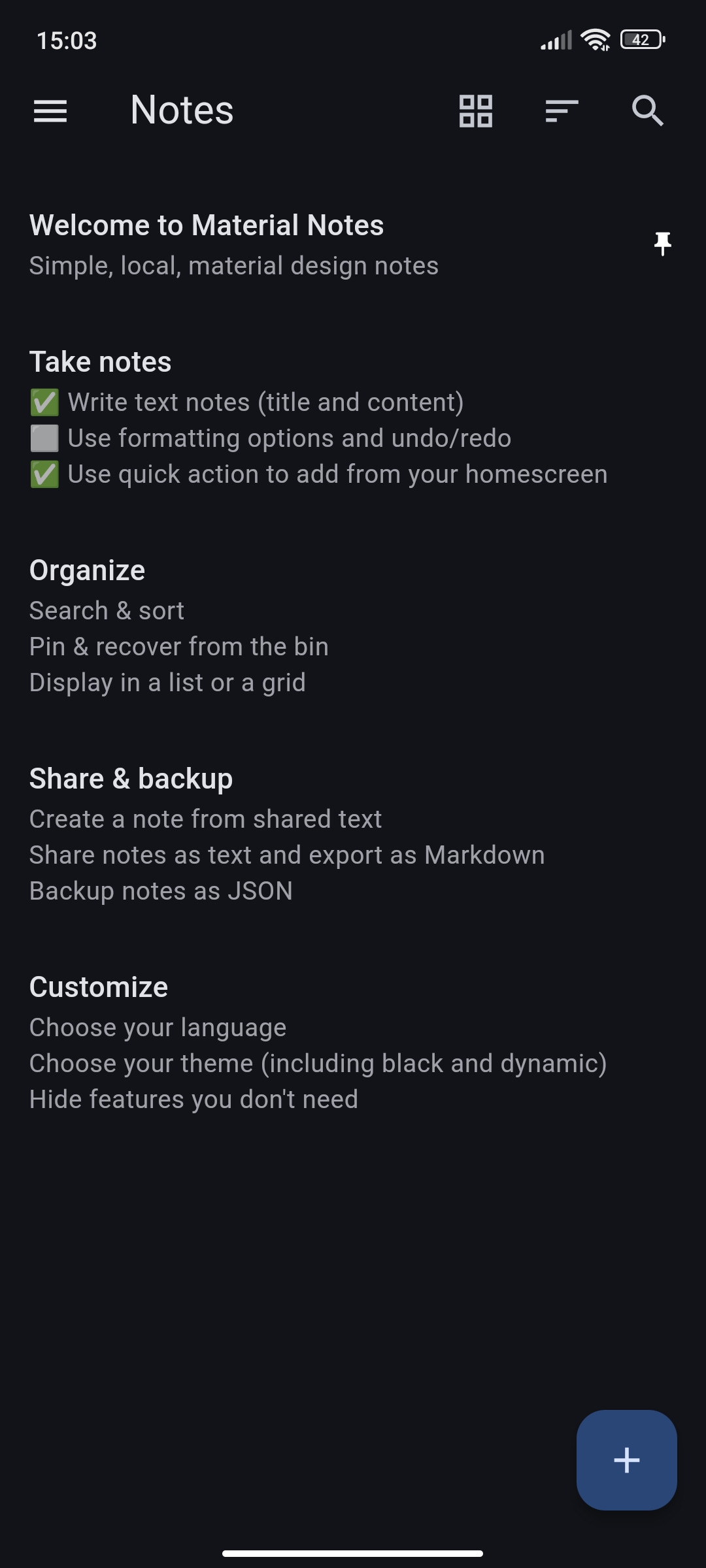 Screenshot of the notes list