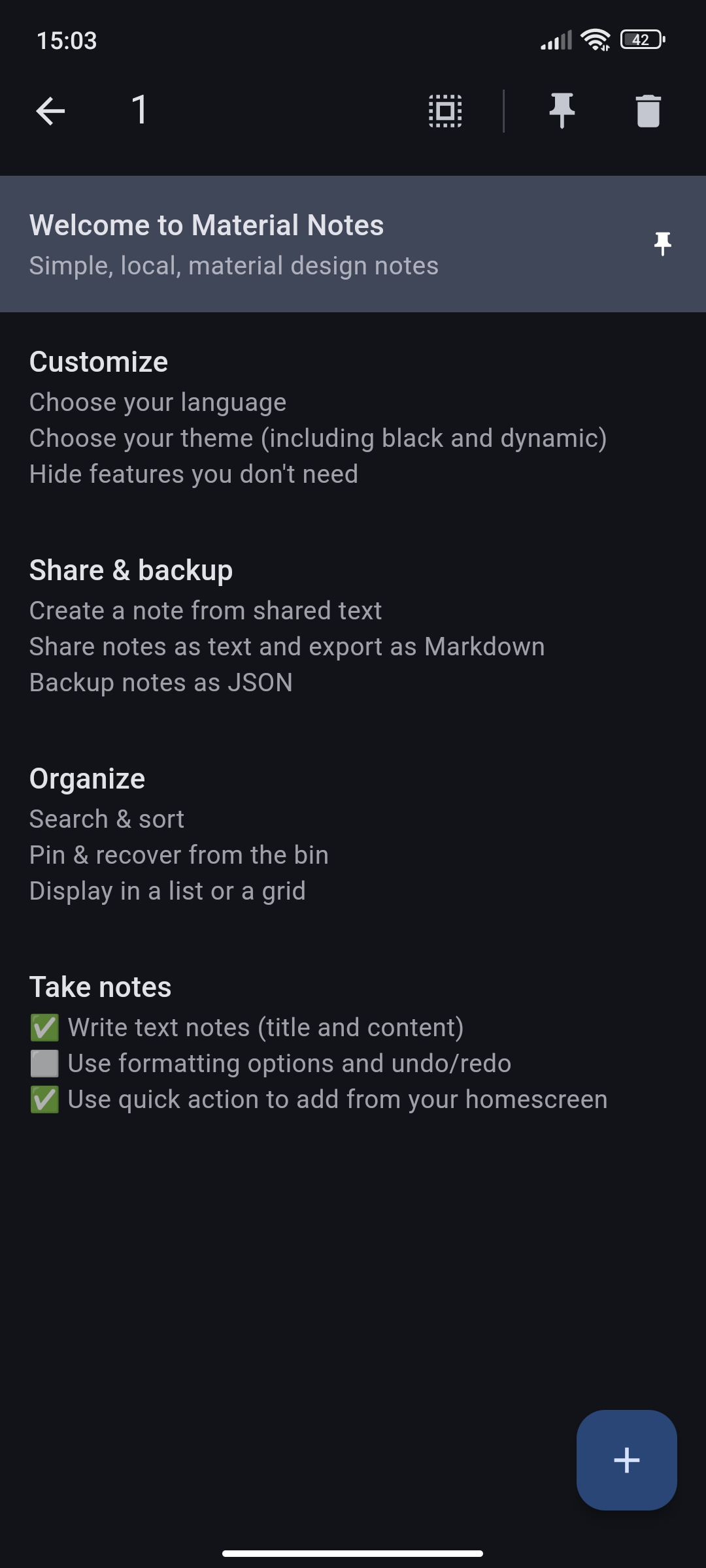 Screenshot of the notes list in selection mode