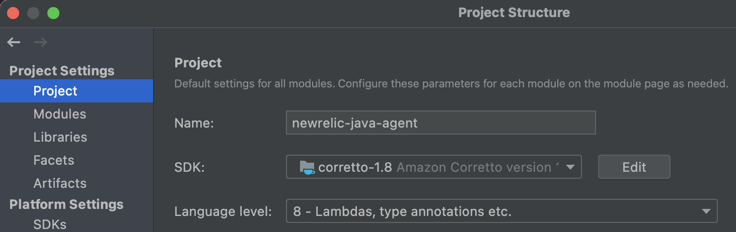 IntelliJ screen shot for Project SDK and Language Level